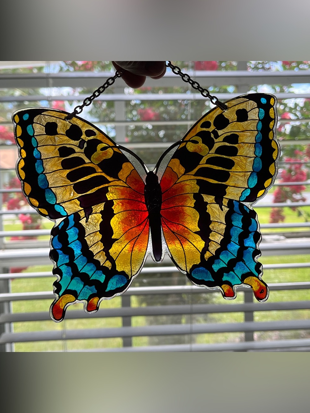Handcrafted Butterfly Stained Glass Suncatcher - Yellow, Blue, Red